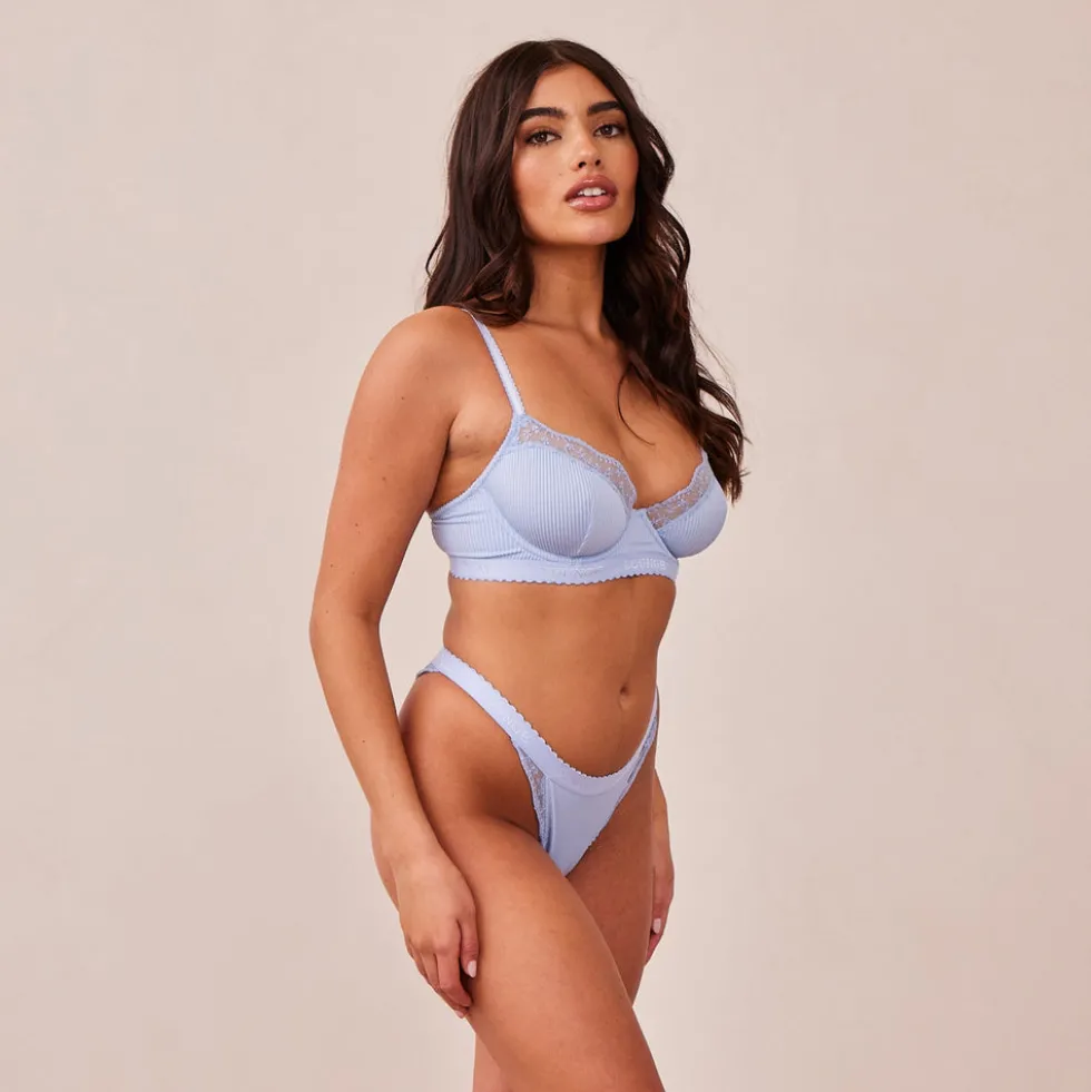 Ribbed Balcony Bra & Thong/Briefs Set - Blue