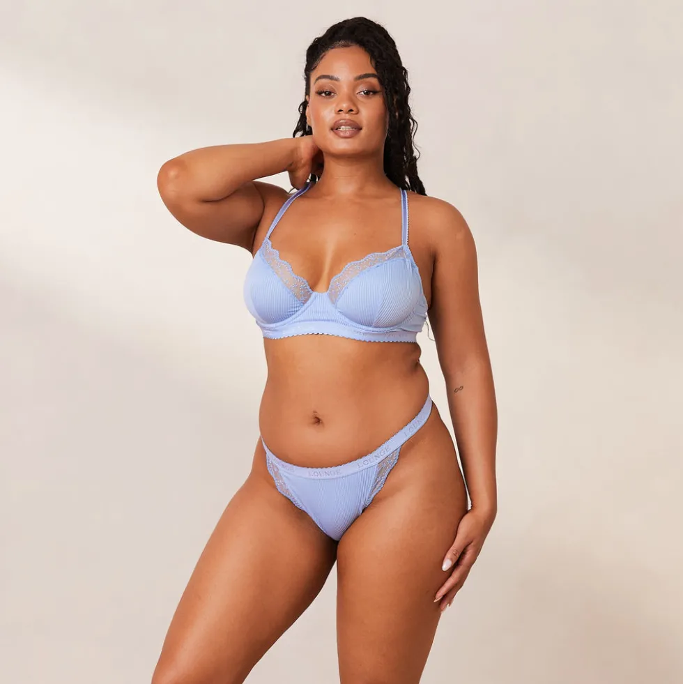 Ribbed Balcony Bra & Thong/Briefs Set - Blue