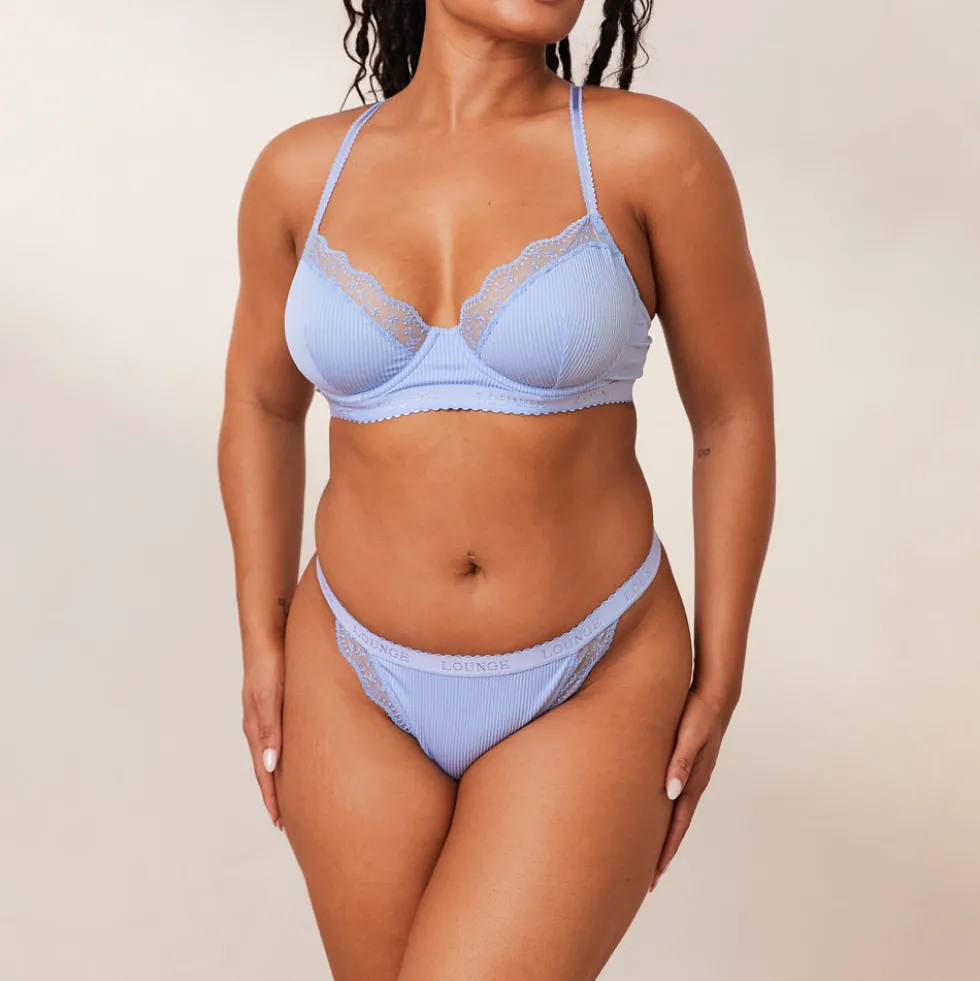 Ribbed Balcony Bra & Thong/Briefs Set - Blue