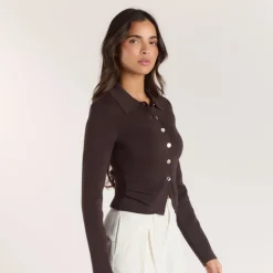 Ribbed Knitted Cardigan - Chocolate