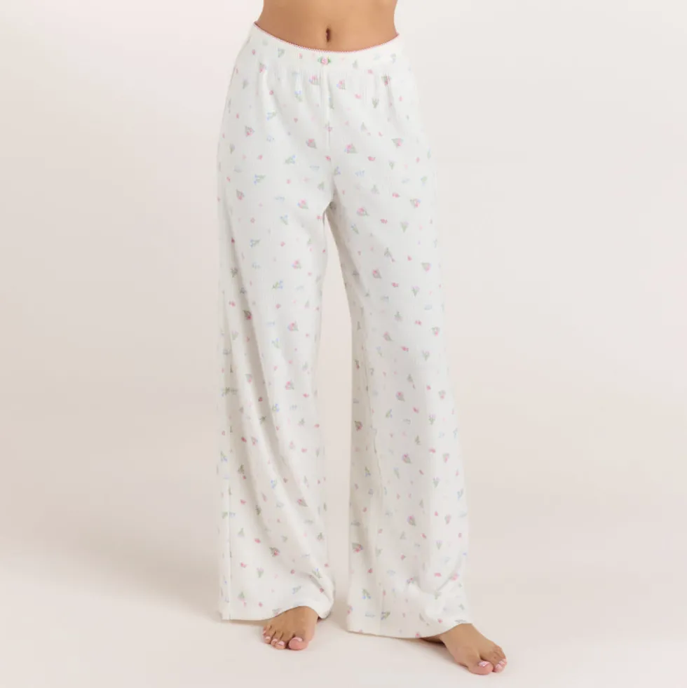 Ribbed Pajama Pants - White Floral