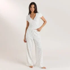 Ribbed Pajama Pants - White Floral