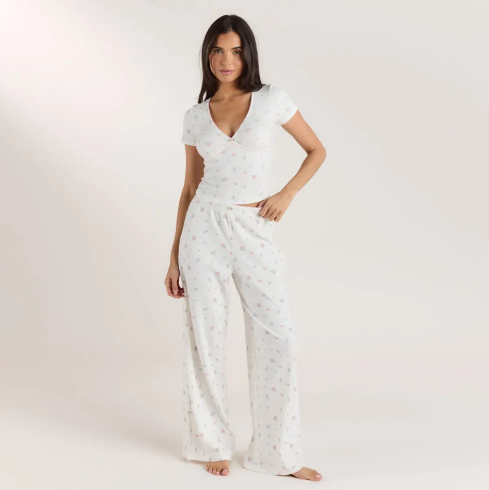Ribbed Pajama Pants - White Floral