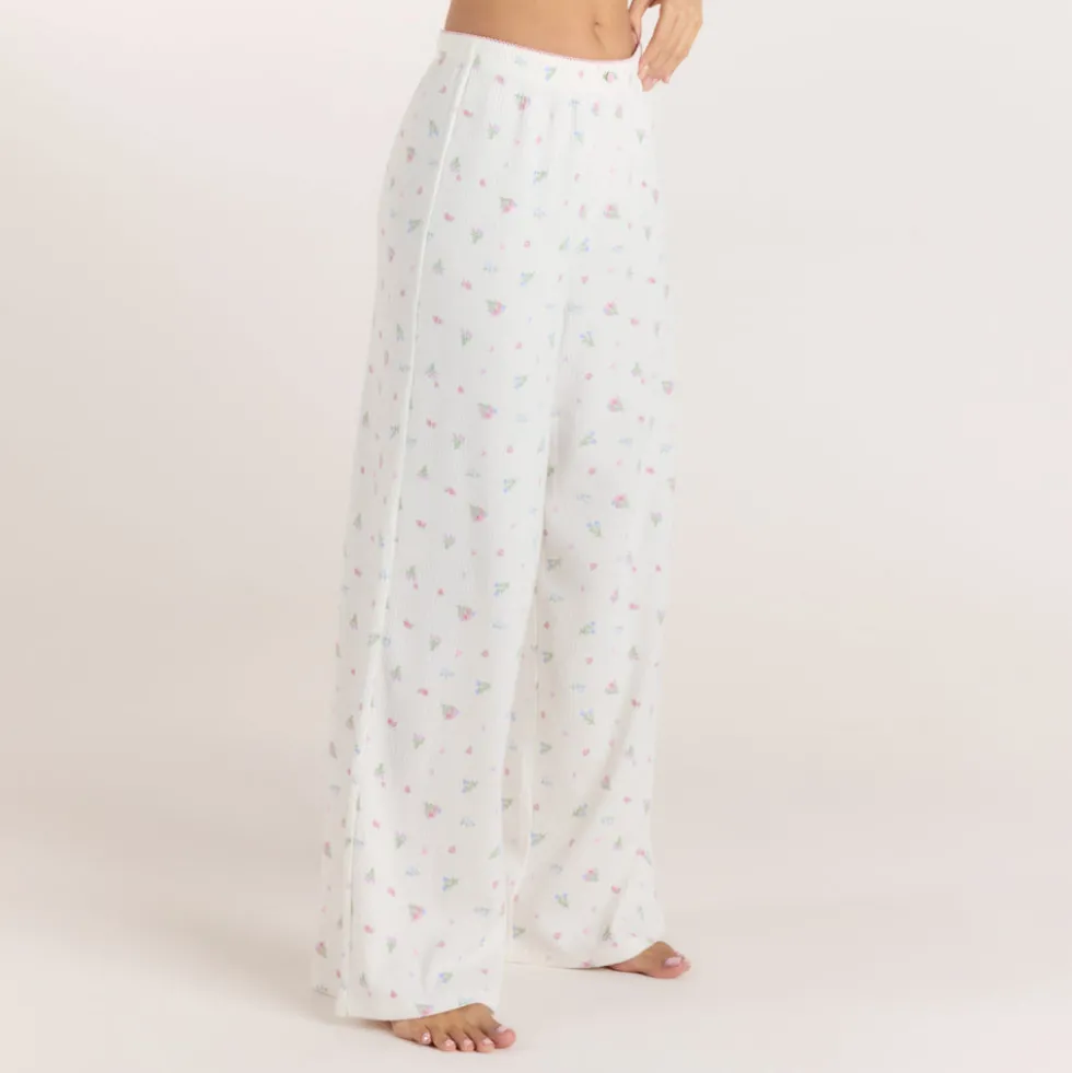 Ribbed Pajama Pants - White Floral