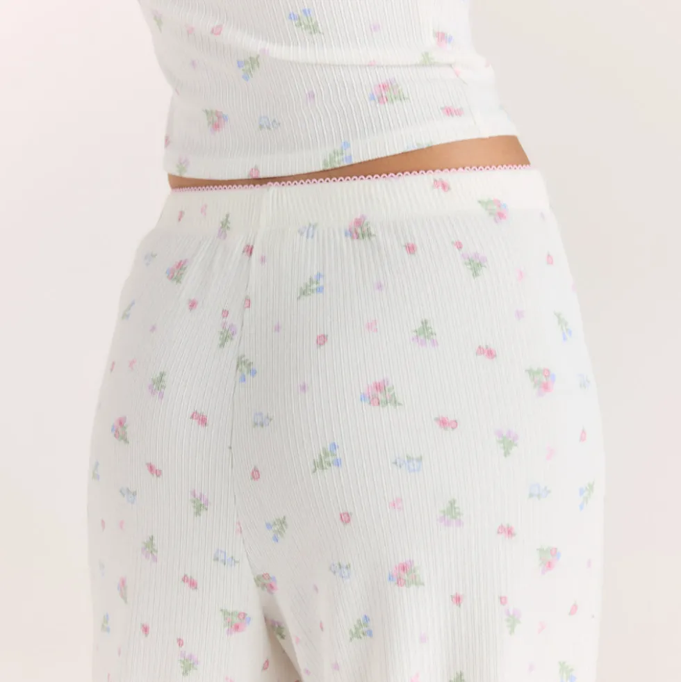 Ribbed Pajama Pants - White Floral