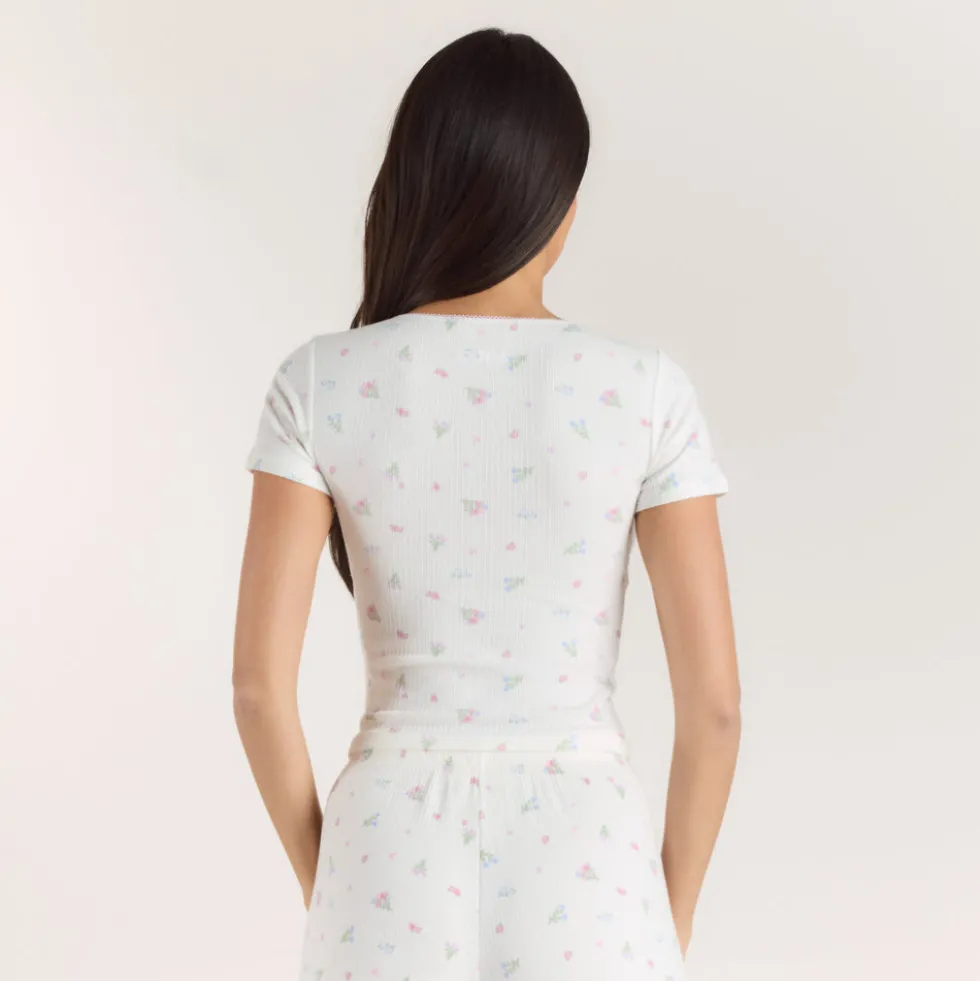 Ribbed Short-Sleeve Pajama Top - White Floral