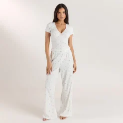 Ribbed Short-Sleeve Pajama Top - White Floral