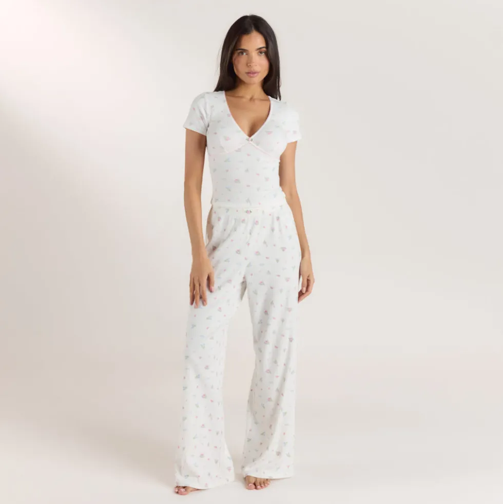 Ribbed Short-Sleeve Pajama Top - White Floral