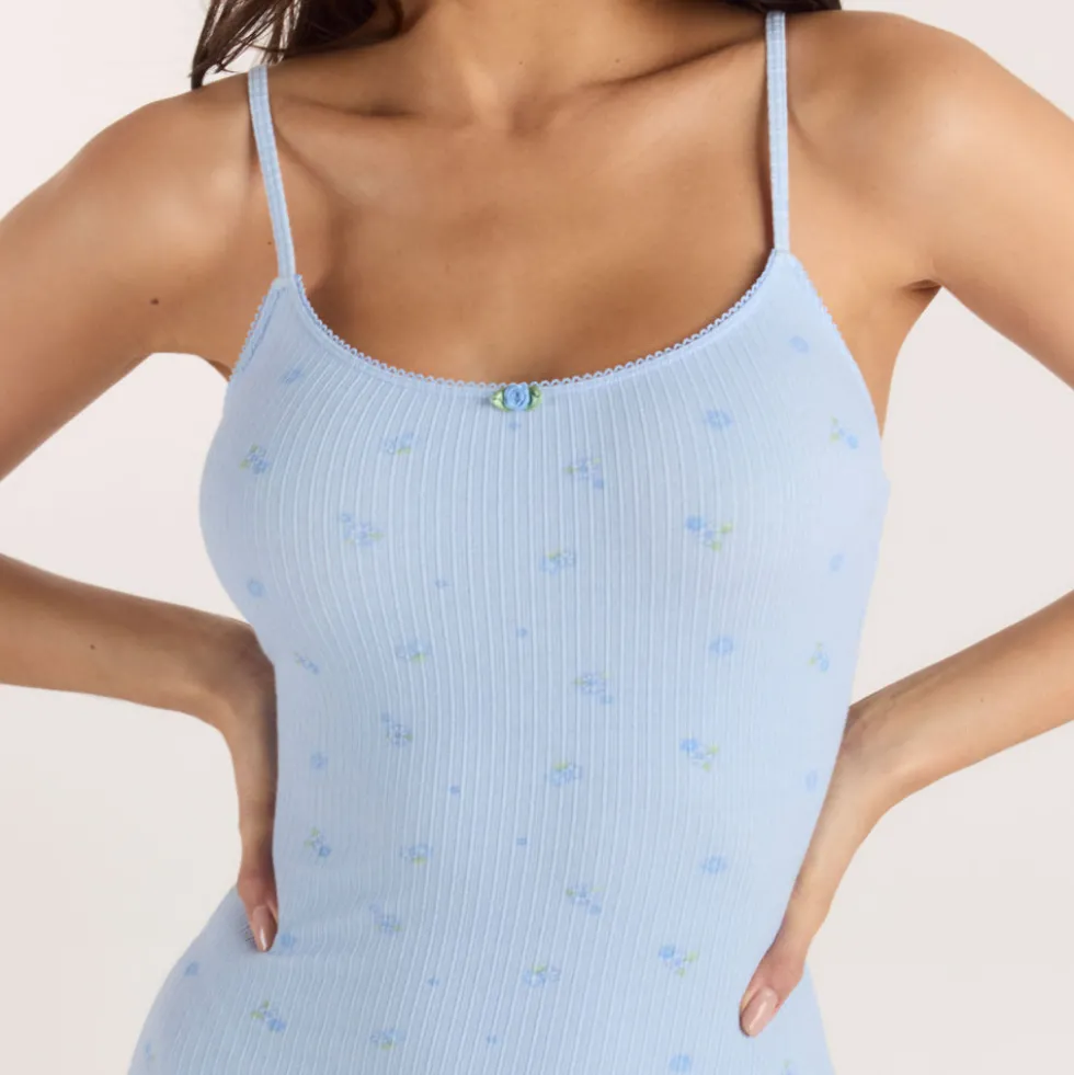 Ribbed Strappy Romper - Blue Floral