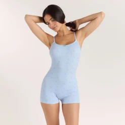 Ribbed Strappy Romper - Blue Floral