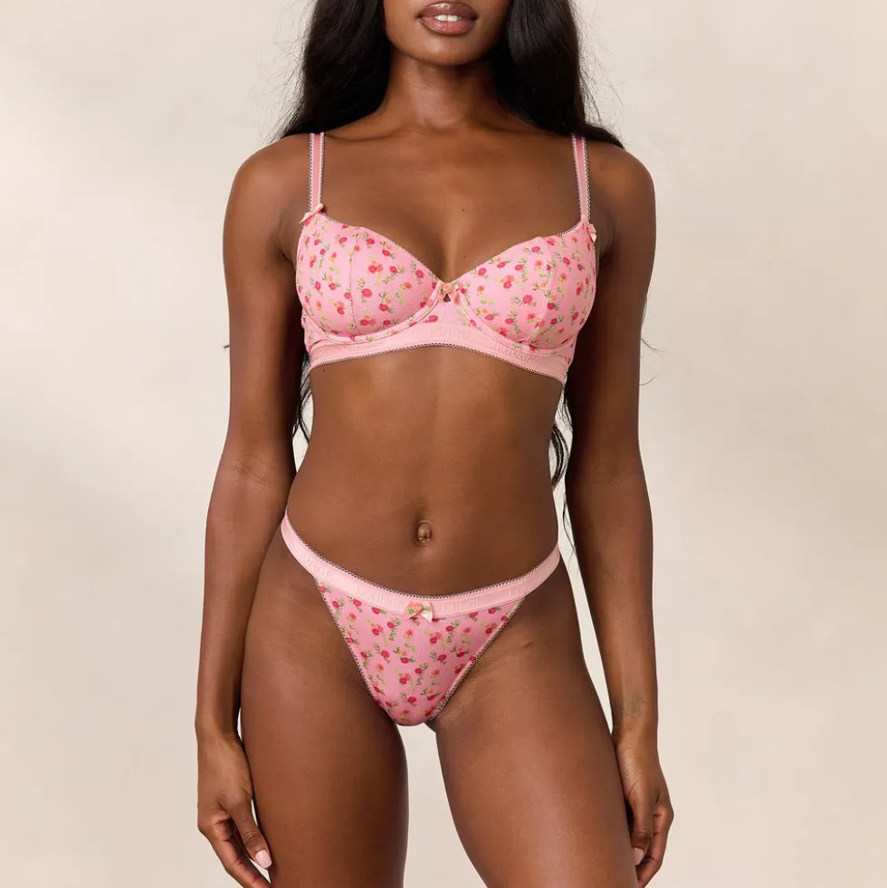 Rosebud Ribbed Balcony Bra - Pink Floral