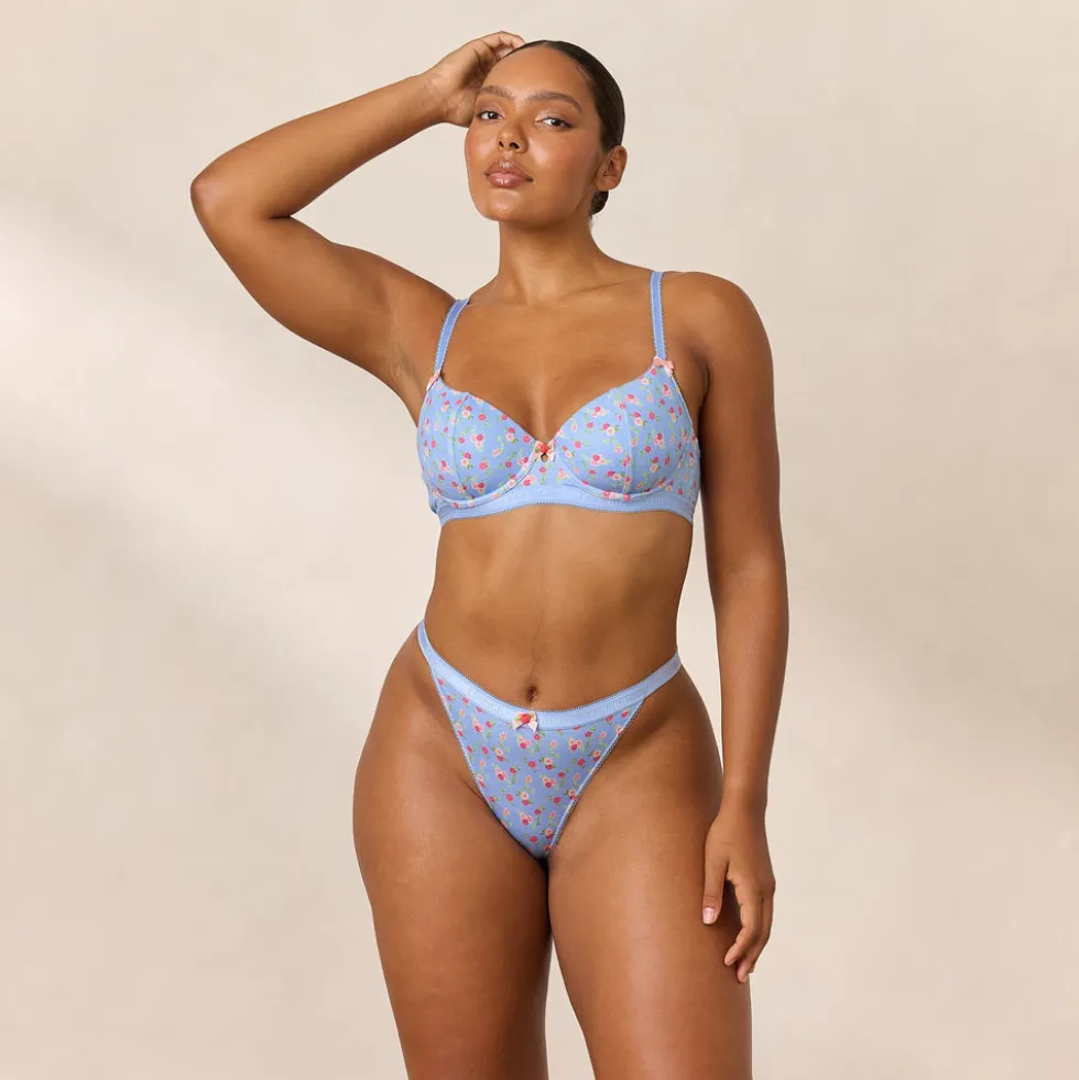Rosebud Ribbed Balcony Bra - Blue Floral