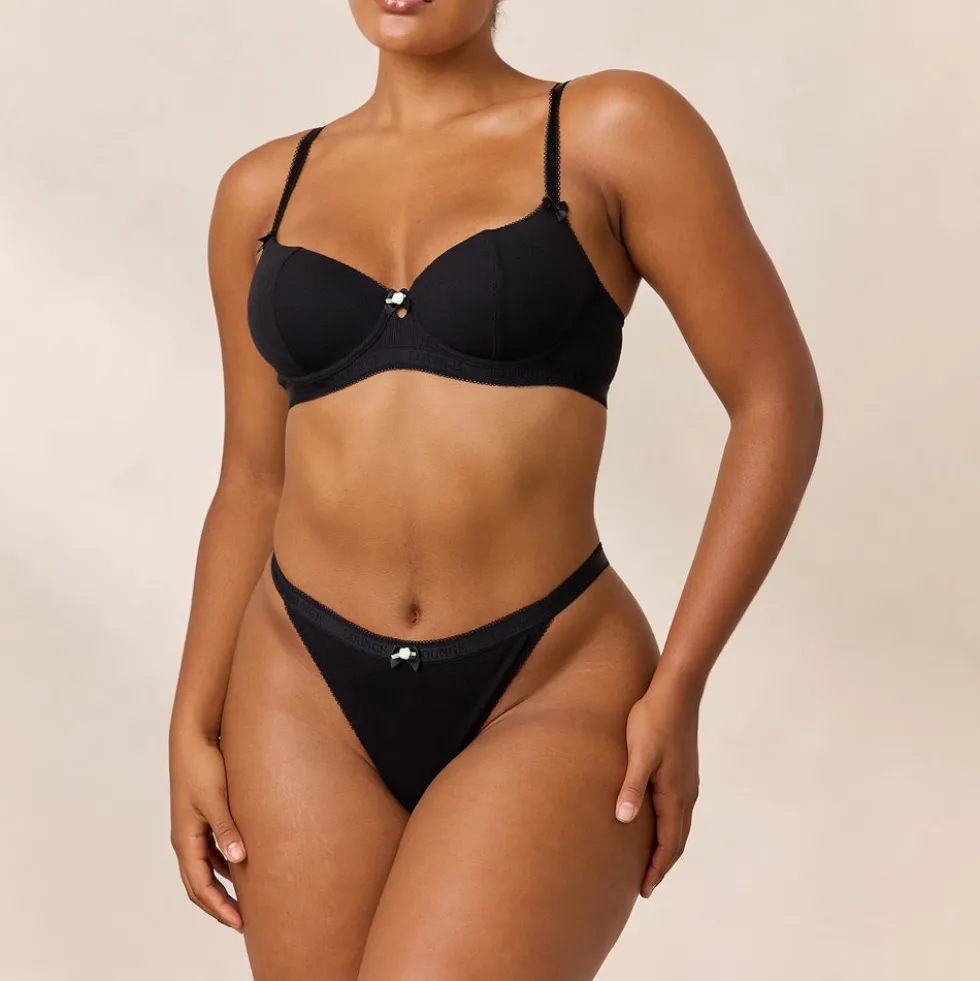 Rosebud Ribbed Balcony Bra - Black