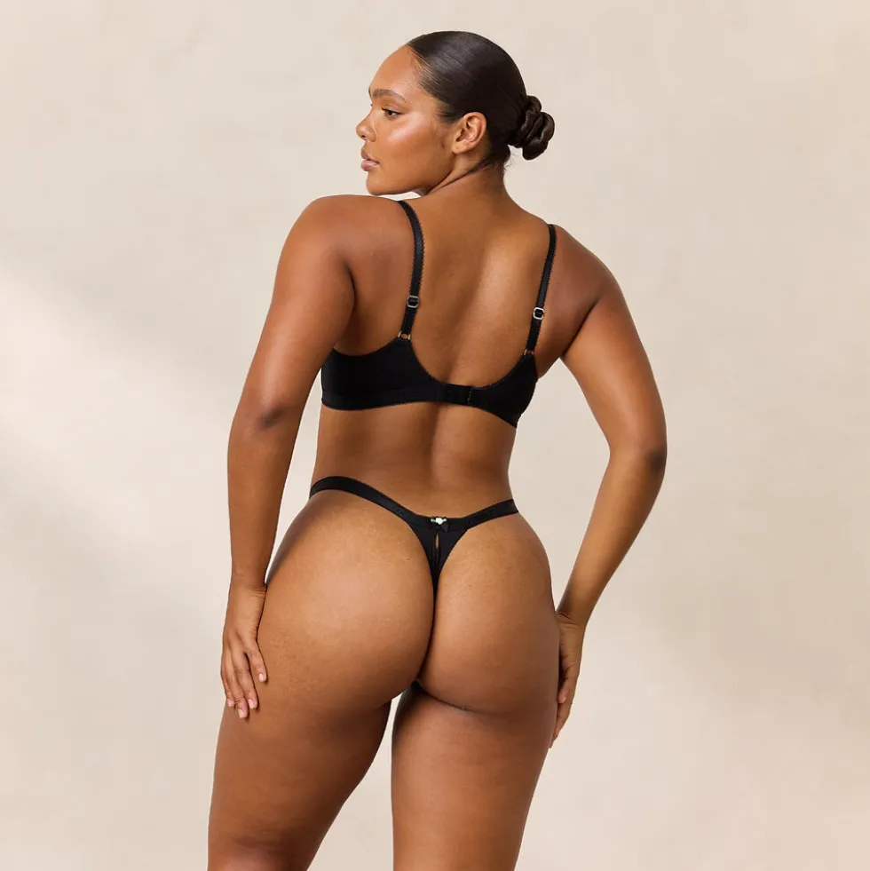 Rosebud Ribbed Balcony Bra - Black