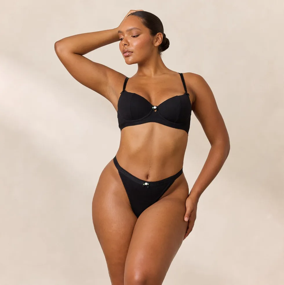 Rosebud Ribbed Balcony Bra - Black