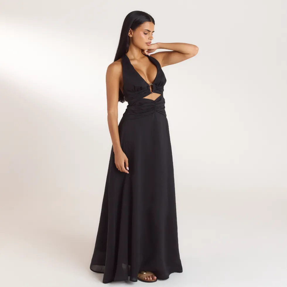 Ruched Tencel Maxi Dress - Black