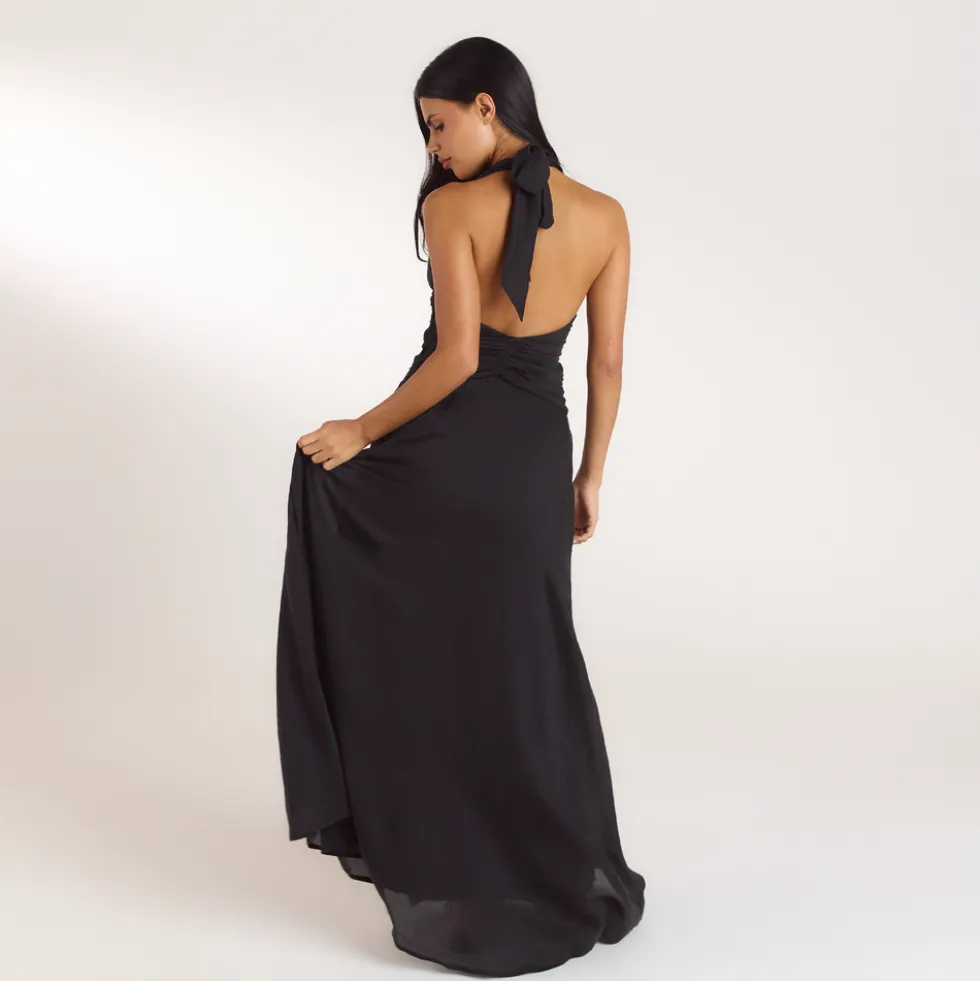 Ruched Tencel Maxi Dress - Black
