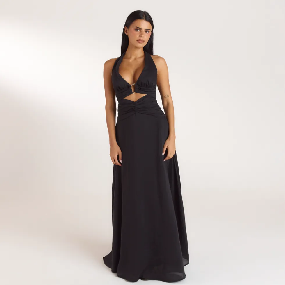 Ruched Tencel Maxi Dress - Black