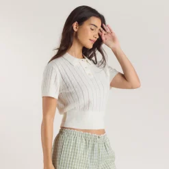 Sheer Knitted Polo Top - Cream