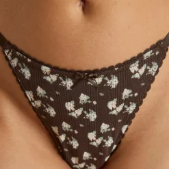 Strappy Pointelle Thong - Brown Floral Print