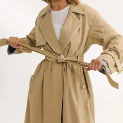 Suedette Trim Trench Coat - Sand
