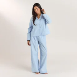 Textured Cotton Pajama Pants - Blue