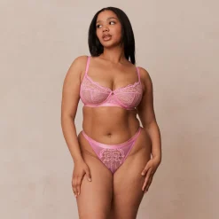 Two-tone Blossom Balcony Bra & Thong Set - Pink