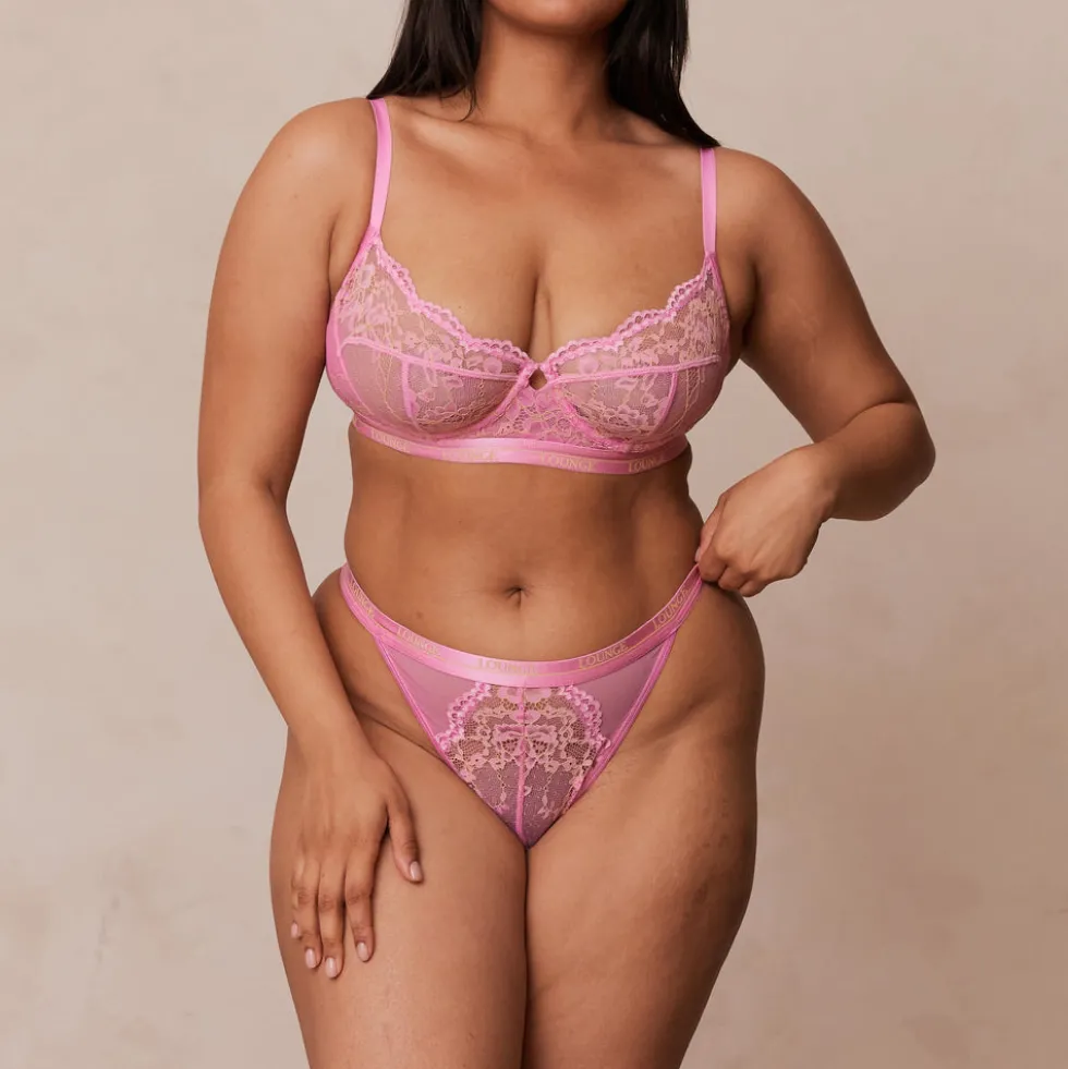 Two-tone Blossom Balcony Bra & Thong Set - Pink