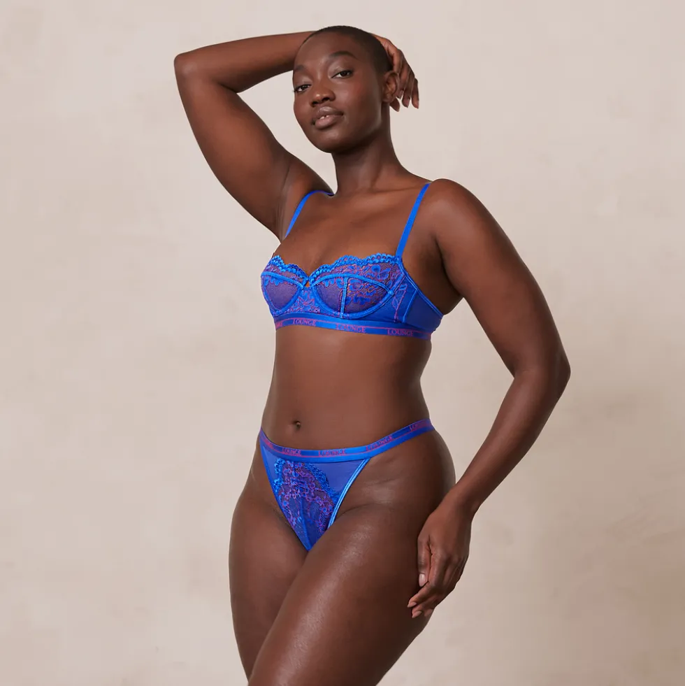 Two-tone Blossom Balcony Bra & Thong Set - Blue